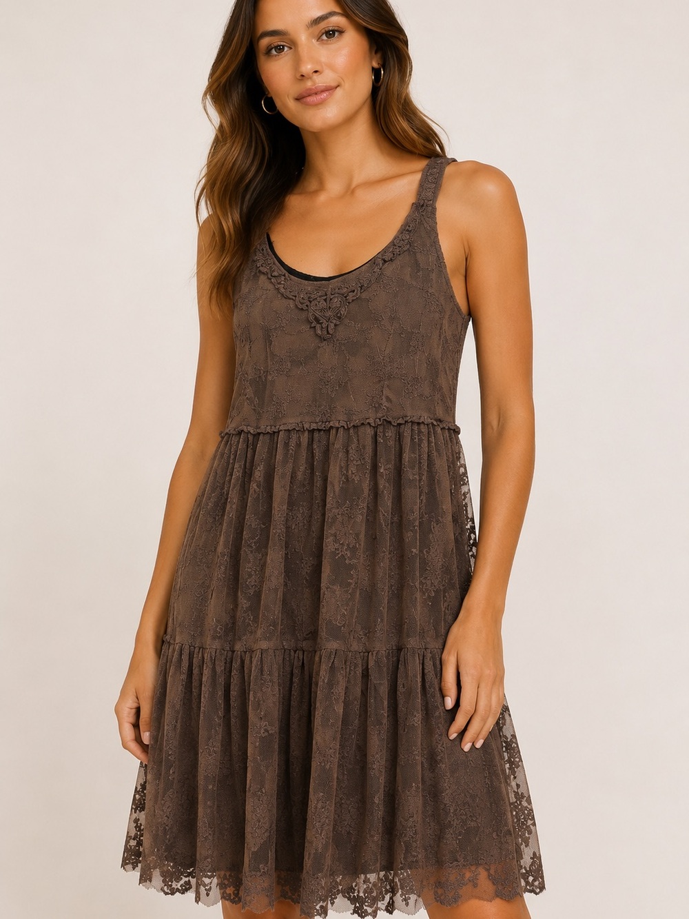 Y2K Molly Bracken Brown Lace Tiered Sleeveless Mini Dress Boho Romantic